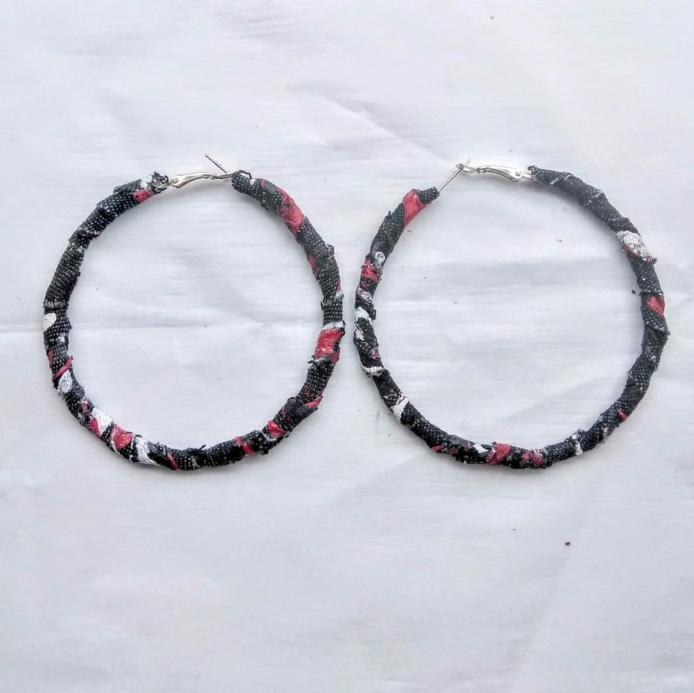 Hand painted distressed denim hoop earrings